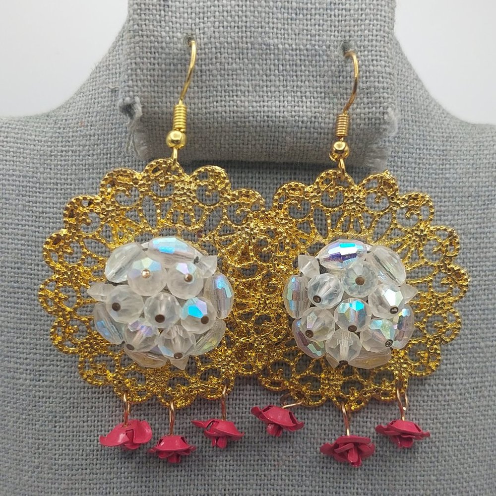 Gold and Clear Beaded Earrings